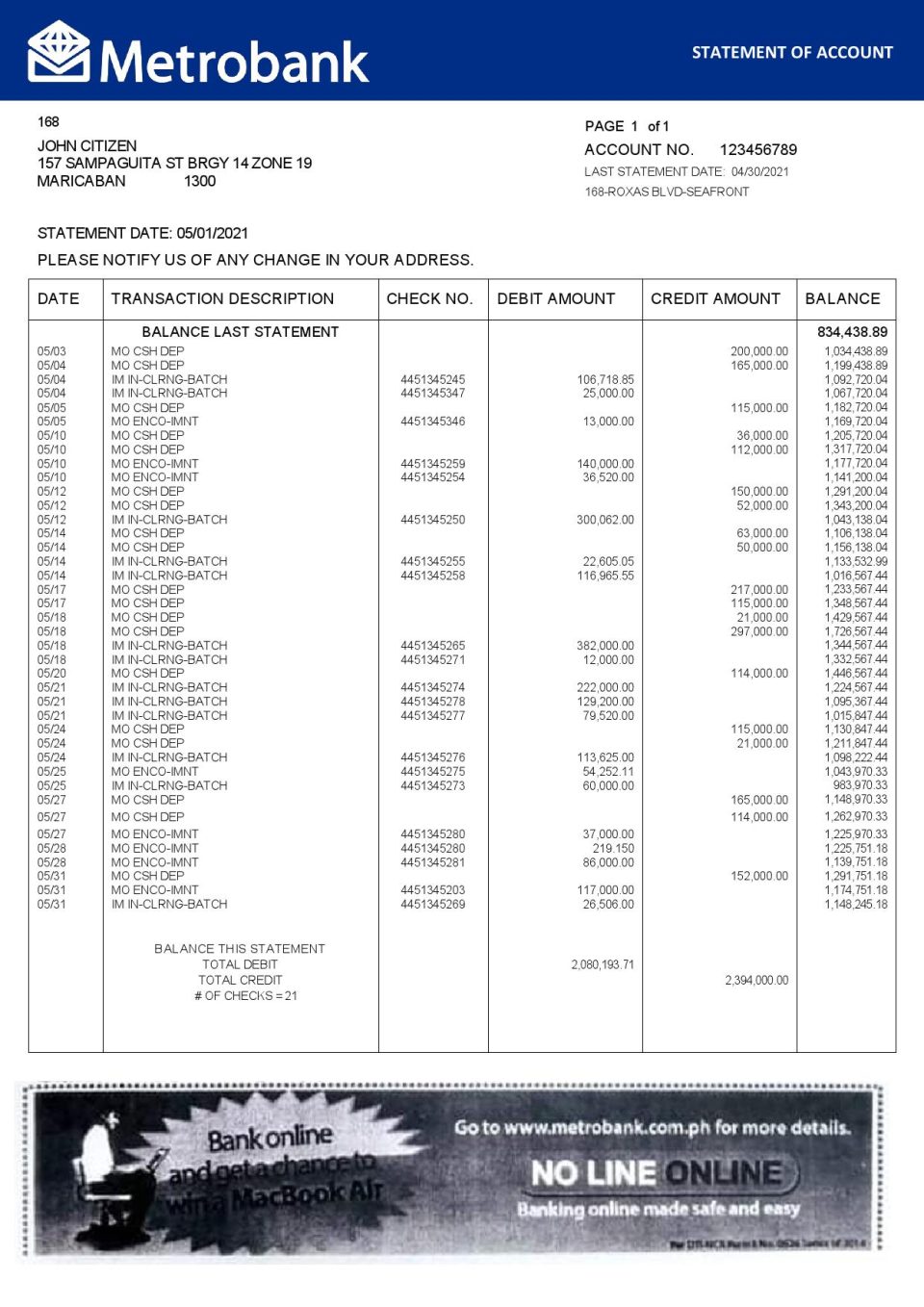 United Kingdom Metrobank bank statement in Word and PDF format