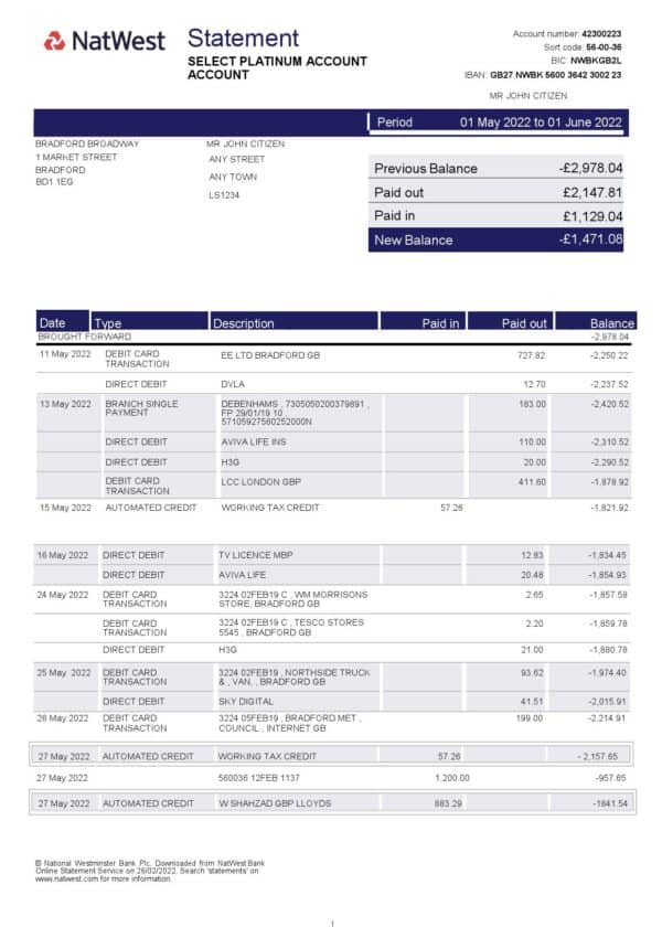 United Kingdom NatWest bank statement, Word and PDF template, 2 pages, version 2
