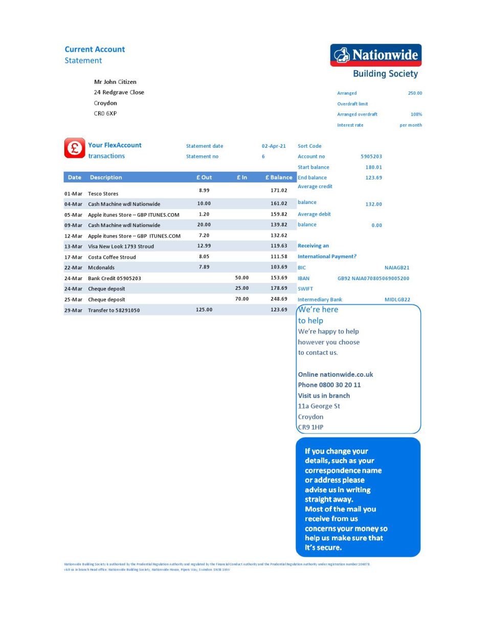 United Kingdom Nationwide bank statement template in Excel and PDF file format