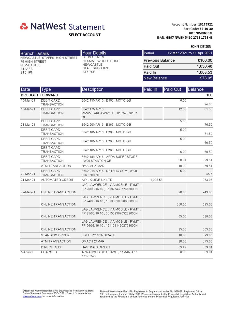 United Kingdom Natwest bank statement template in Excel and PDF format (2 pages)