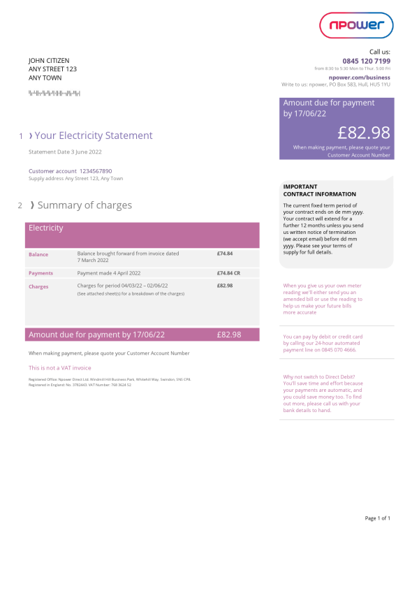 United Kingdom Npower utility bill, Word and PDF template
