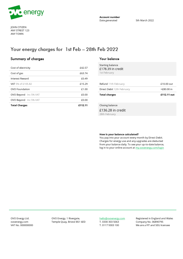 United Kingdom Ovo Energy utility bill, Word and PDF template