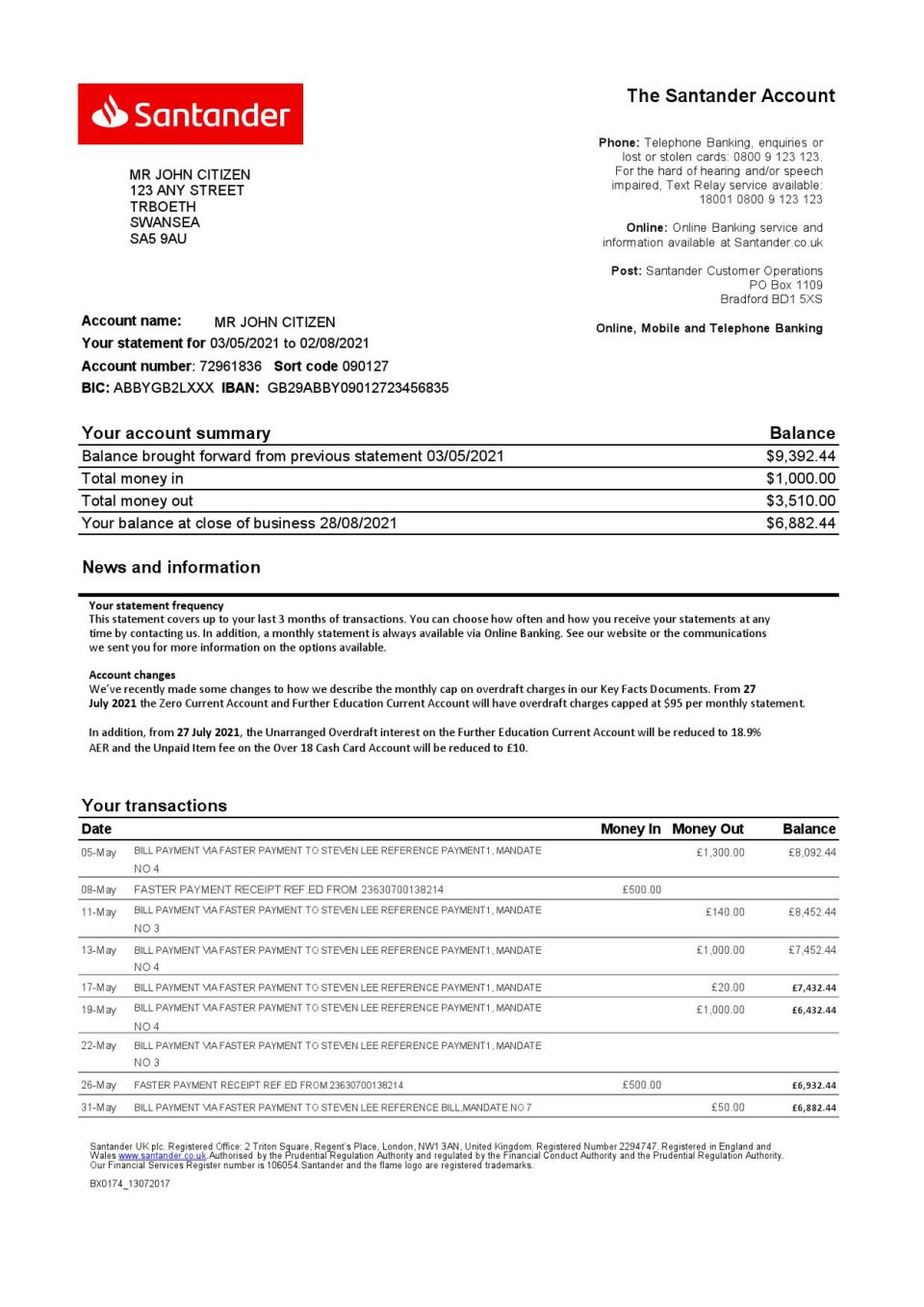 United Kingdom Santander bank statement template in Excel and PDF format (2 pages)