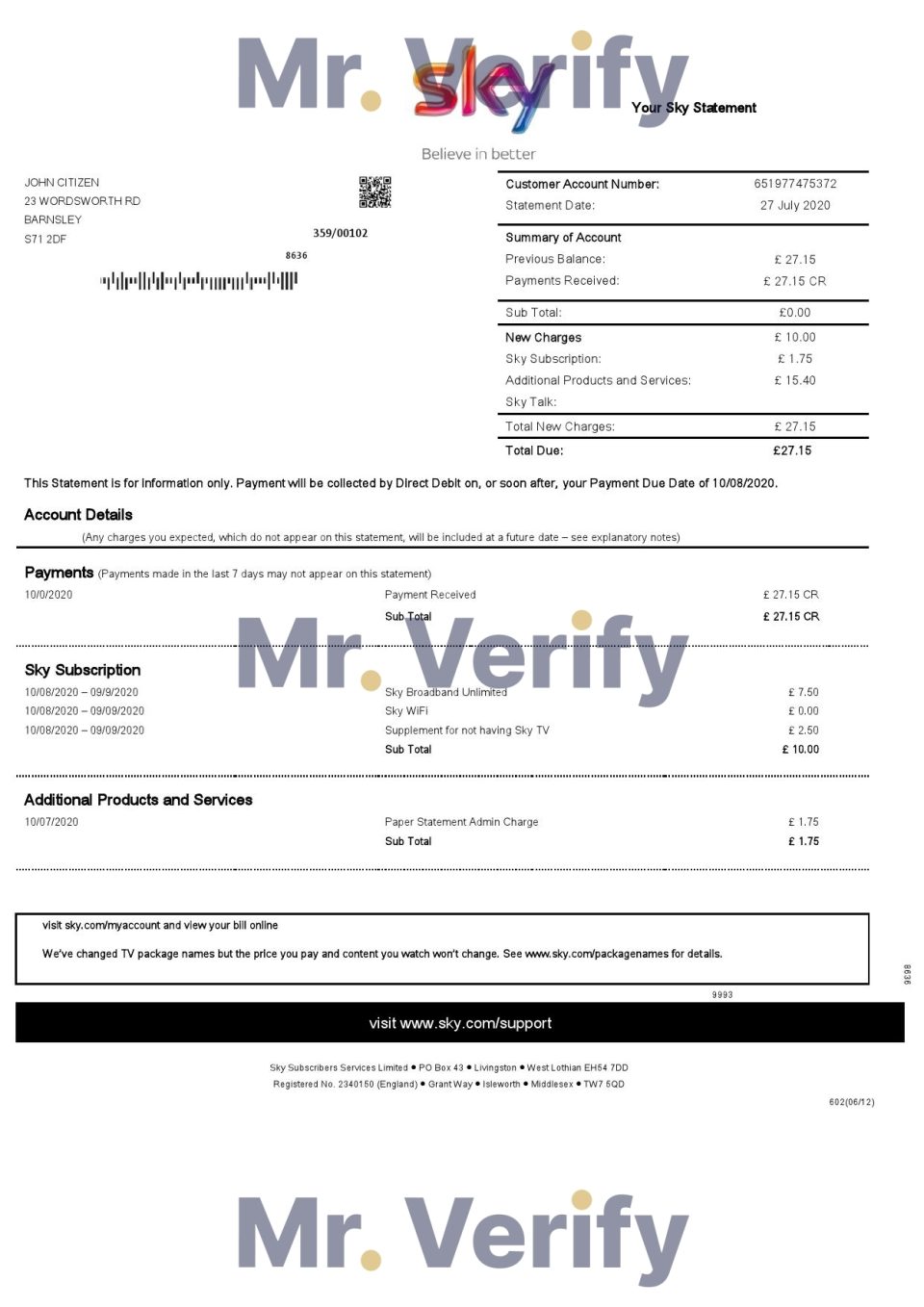 United Kingdom Sky utility bill statement template in Word and PDF format