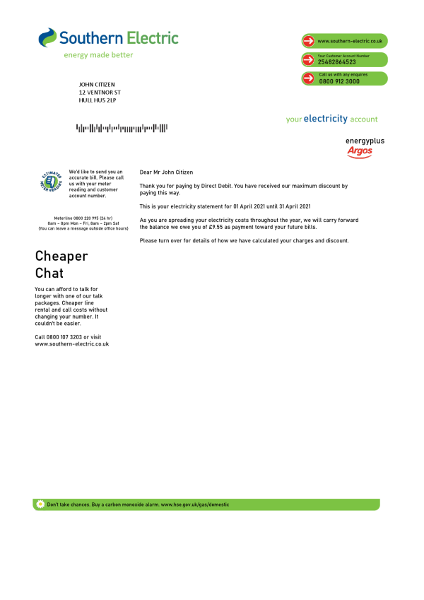United Kingdom Southern Electric proof of address utility bill template in Word and PDF format