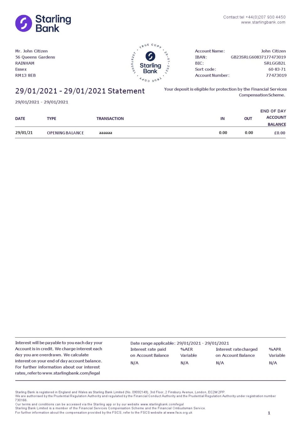 United Kingdom Starling bank statement template in Word and PDF format, good for address prove