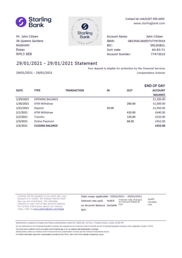 United Kingdom Starling bank statement template in .xls and .pdf file format, good for address prove