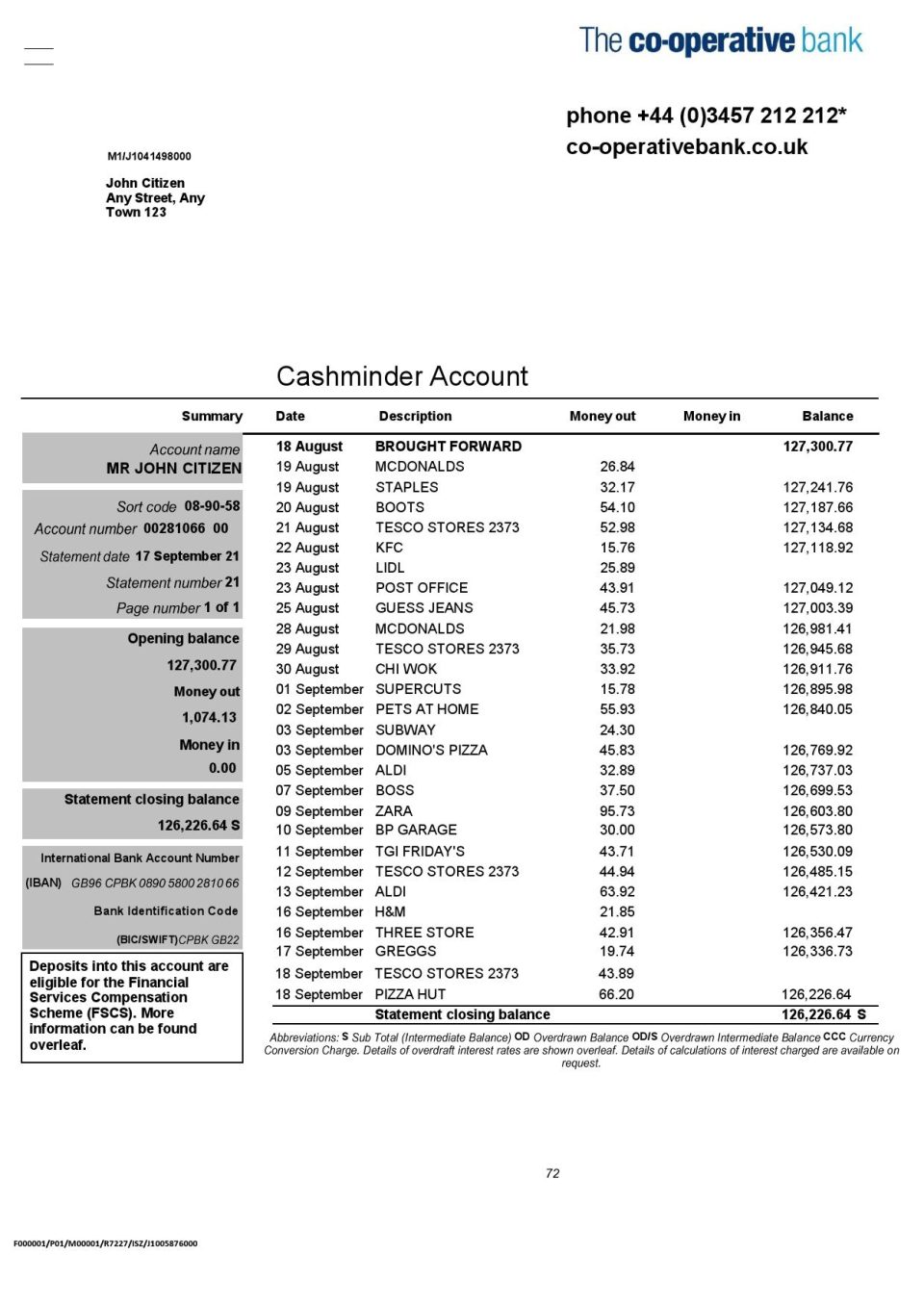 United Kingdom The Co-operative bank statement in Word and PDF format
