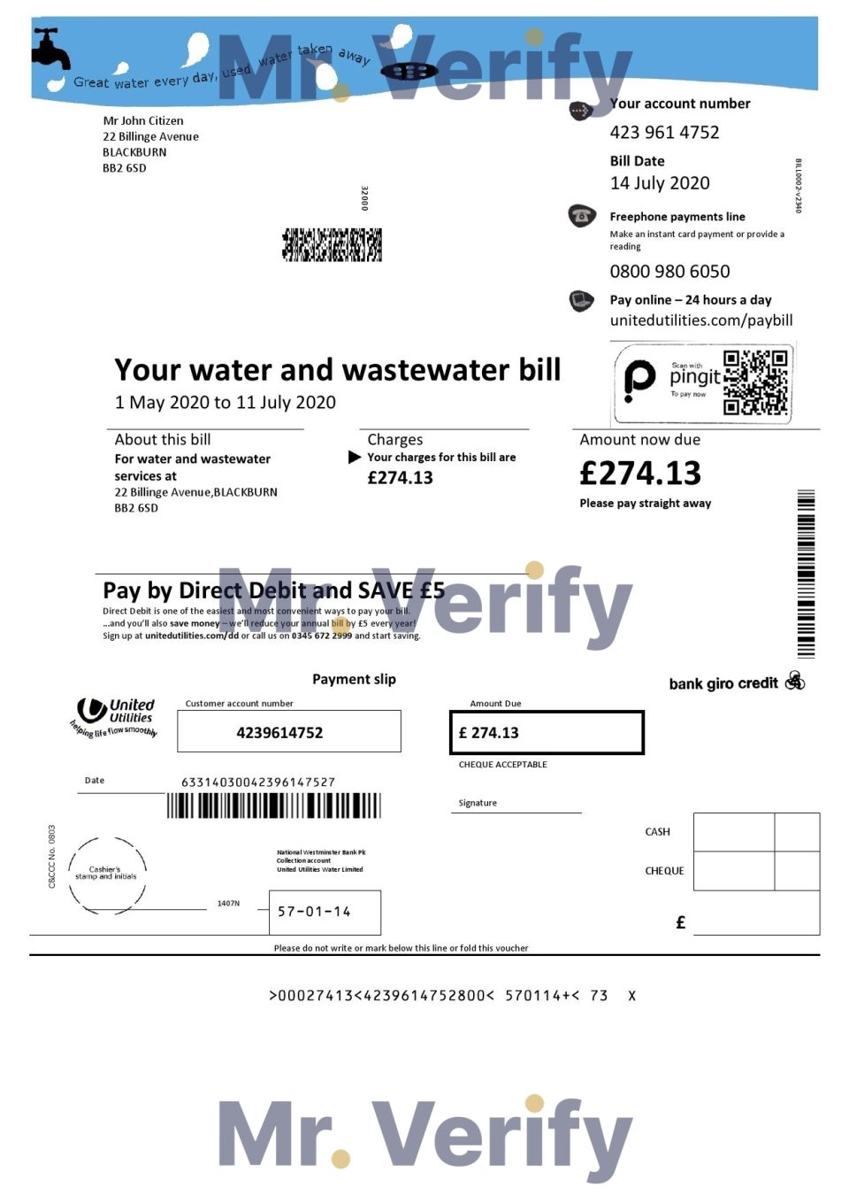 United Kingdom United Utilities water utility bill template in Word and PDF format