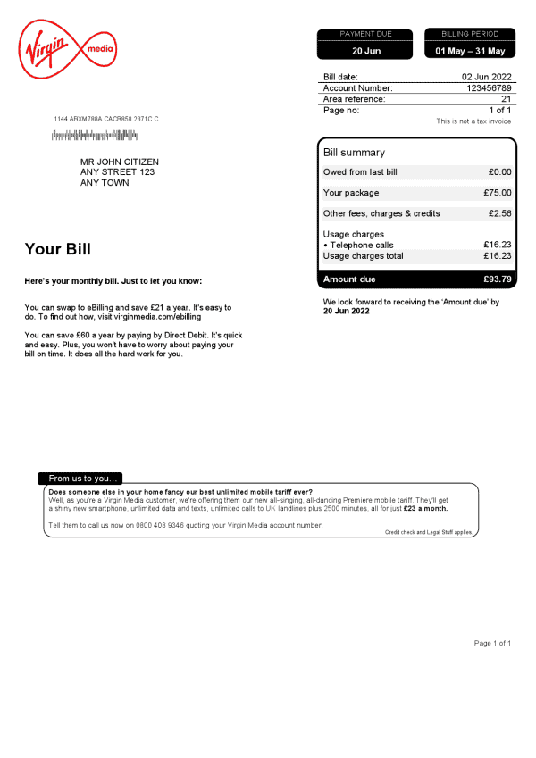 United Kingdom Virgin Media utility bill, Word and PDF template