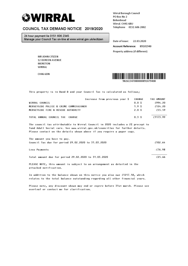 United Kingdom Wirral council tax bill template in Word and PDF format