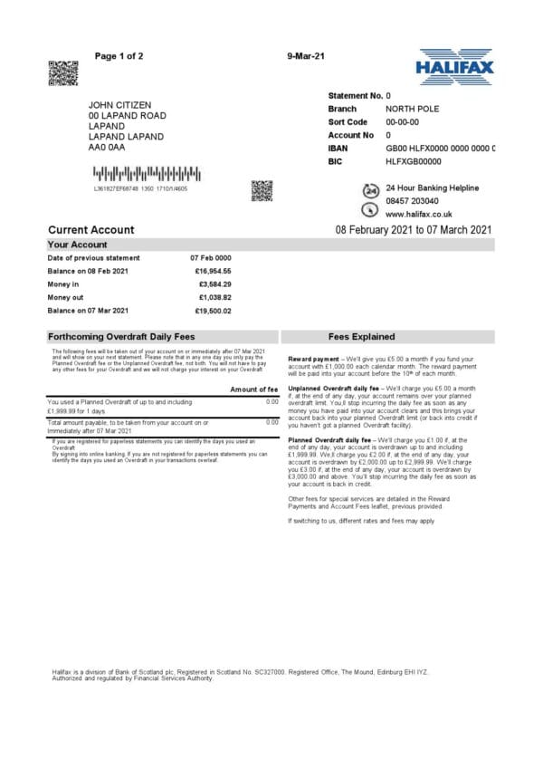 United Kingdom Halifax bank proof of address statement template in Excel and PDF format (2 pages)