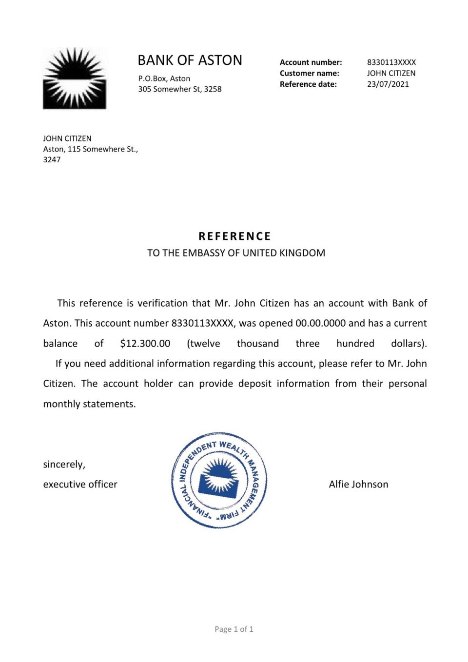 Download United Kingdom Bank of Aston Bank Reference Letter Templates | Editable Word