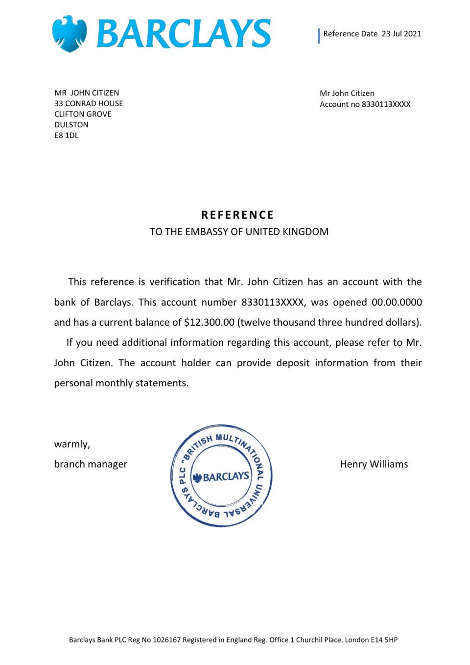 Download United Kingdom Barclays Bank Reference Letter Templates | Editable Word