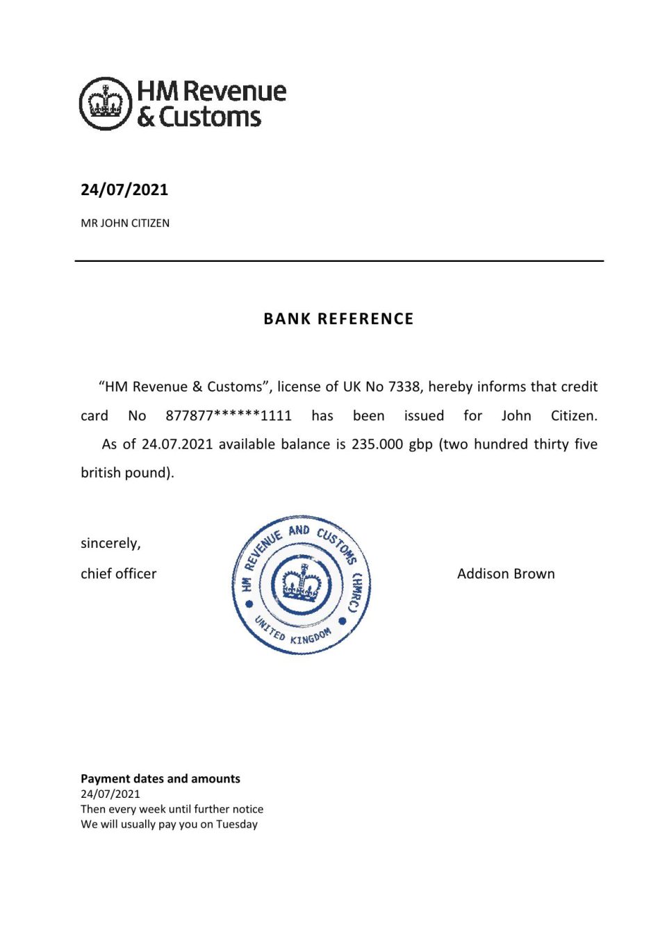 Download United Kingdom HM Revenue & Customs Bank Reference Letter Templates | Editable Word