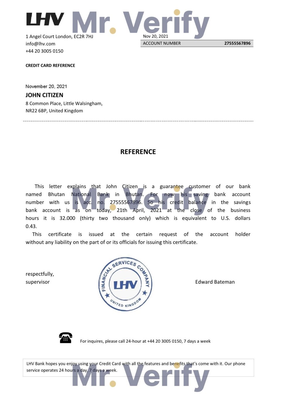 Download United Kingdom LHV Bank Reference Letter Templates | Editable Word