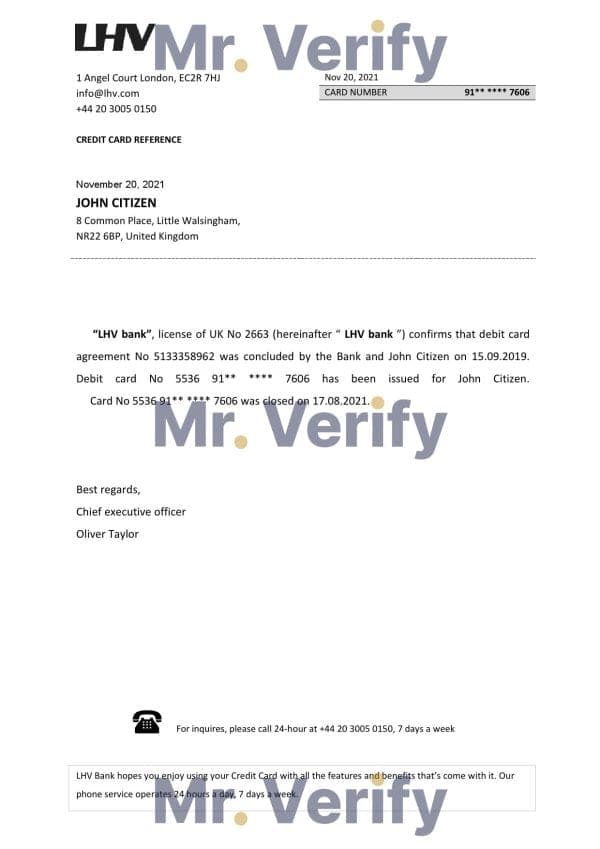 Download United Kingdom LHV Bank Reference Letter Templates | Editable Word