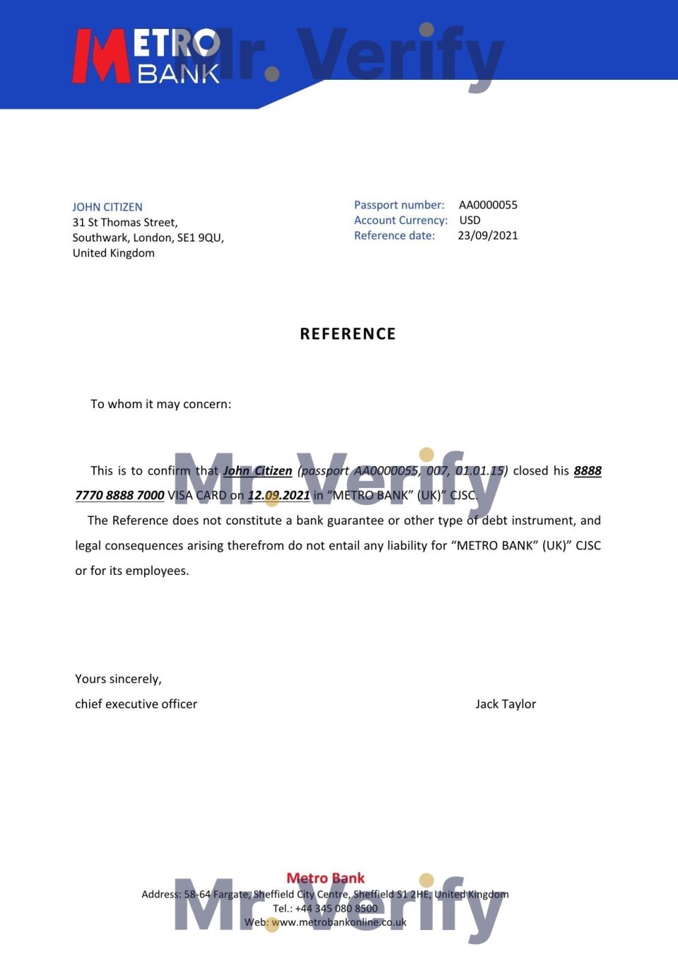 Download United Kingdom Metro Bank Reference Letter Templates | Editable Word