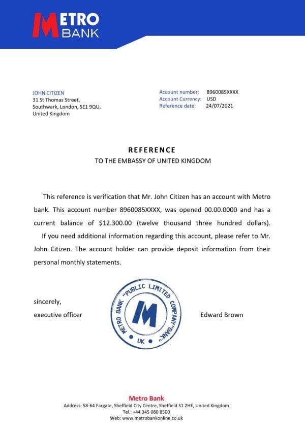 Download United Kingdom Metro Bank Reference Letter Templates | Editable Word