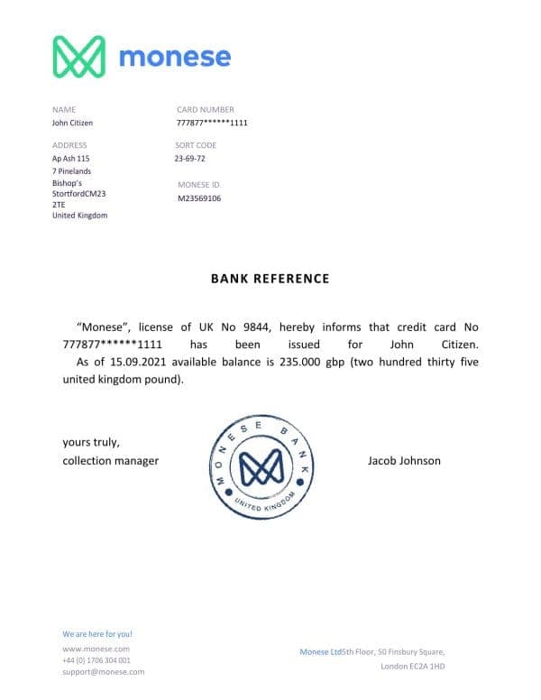 Download United Kingdom Monese Bank Reference Letter Templates | Editable Word
