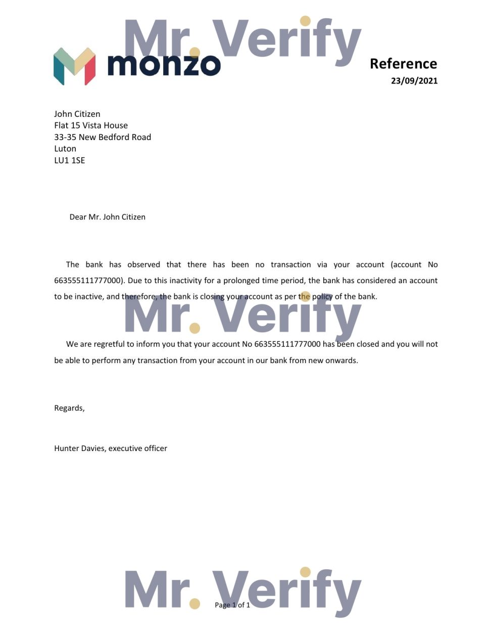 Download United Kingdom Monzo Bank Reference Letter Templates | Editable Word