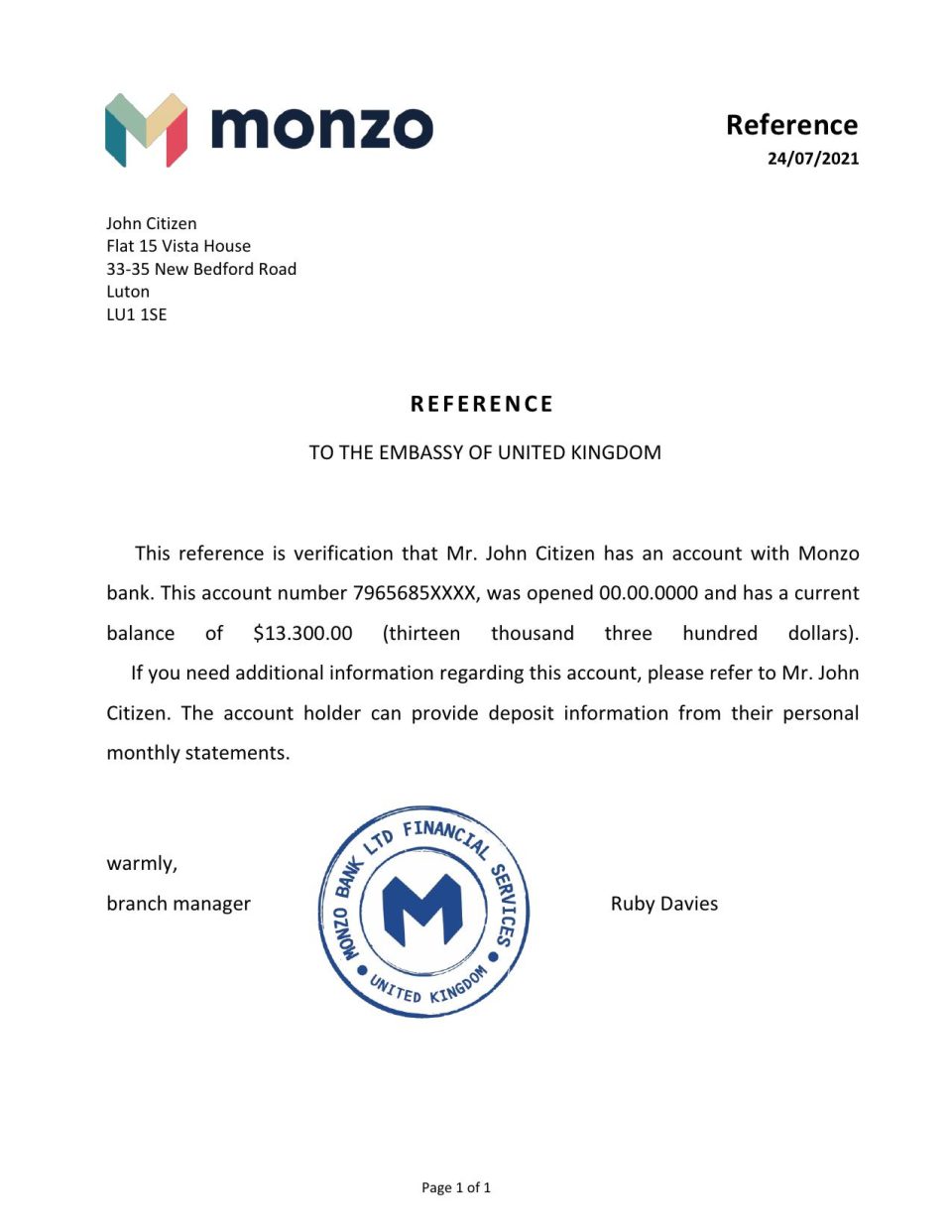 Download United Kingdom Monzo Bank Reference Letter Templates | Editable Word