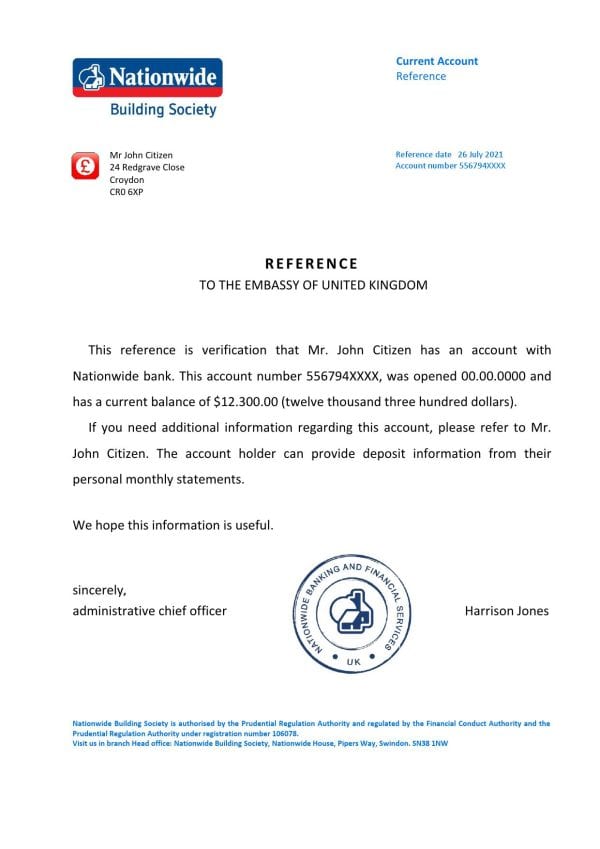 Download United Kingdom Nationwide Bank Reference Letter Templates | Editable Word