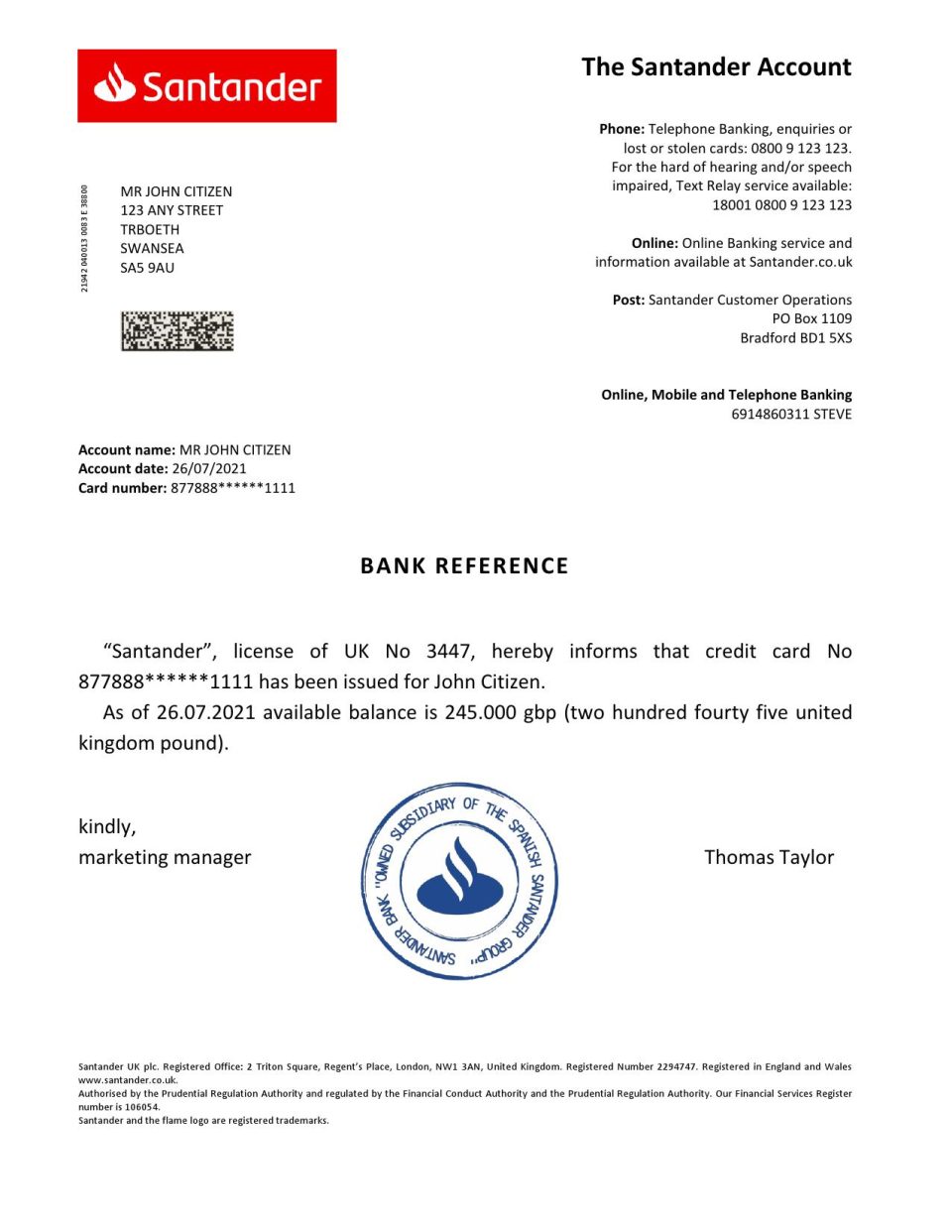 Download United Kingdom Santander Bank Reference Letter Templates | Editable Word