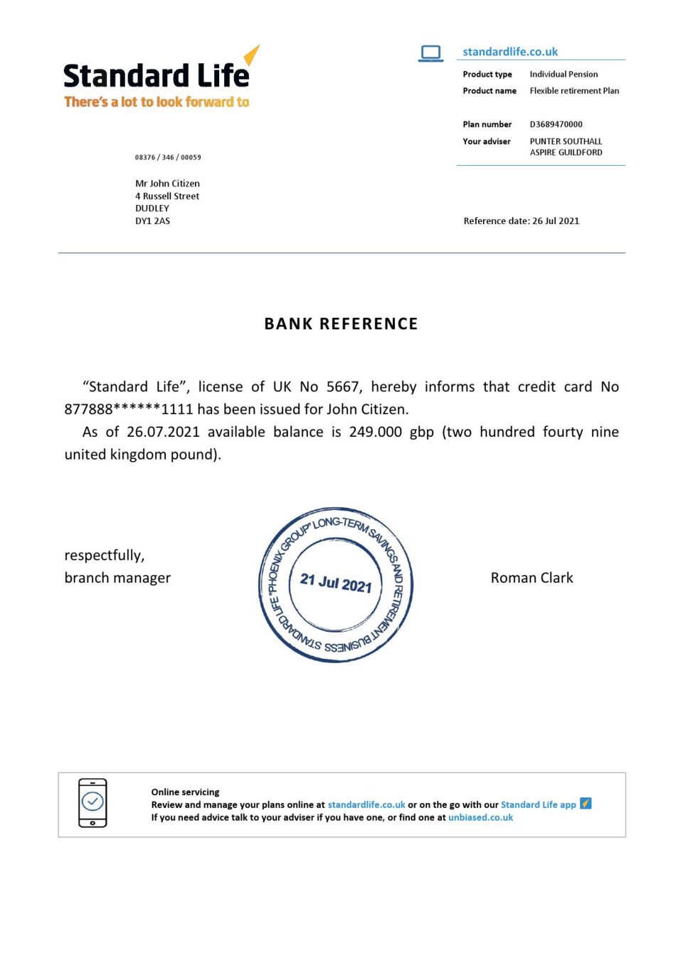 Download United Kingdom Standard Life Bank Reference Letter Templates | Editable Word