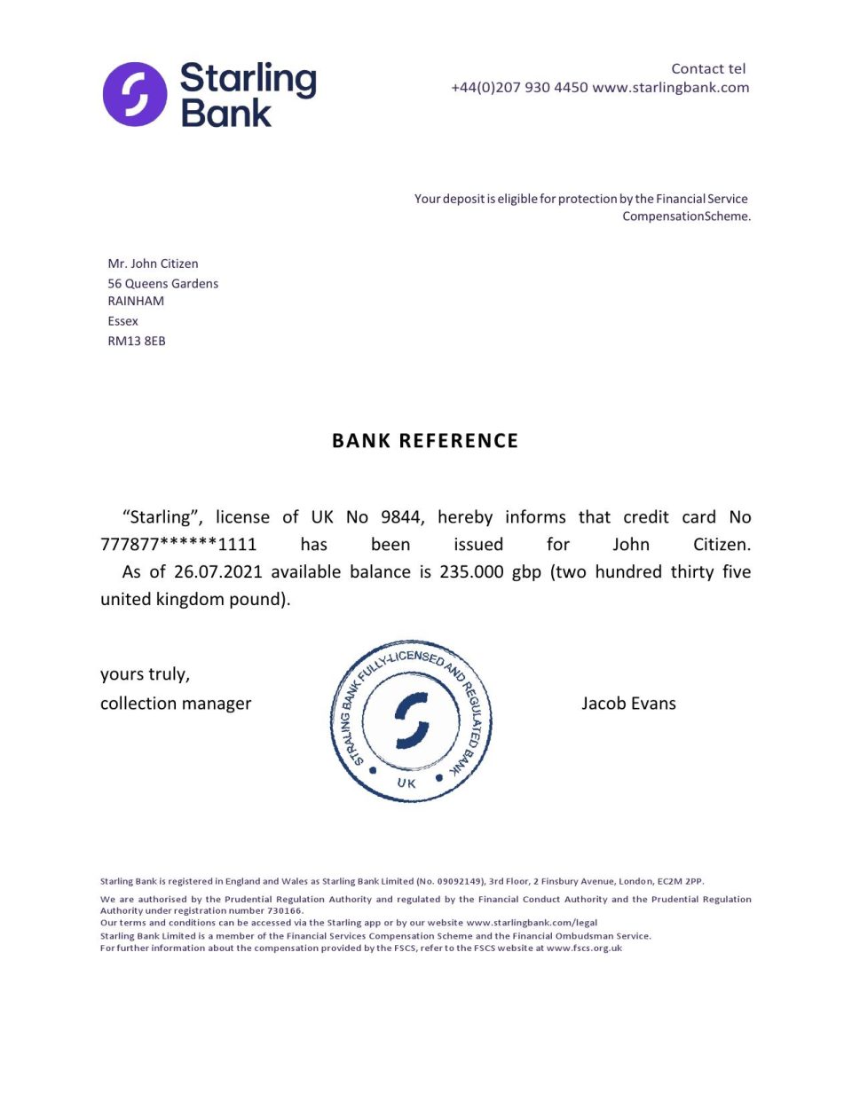 Download United Kingdom Starling Bank Reference Letter Templates | Editable Word