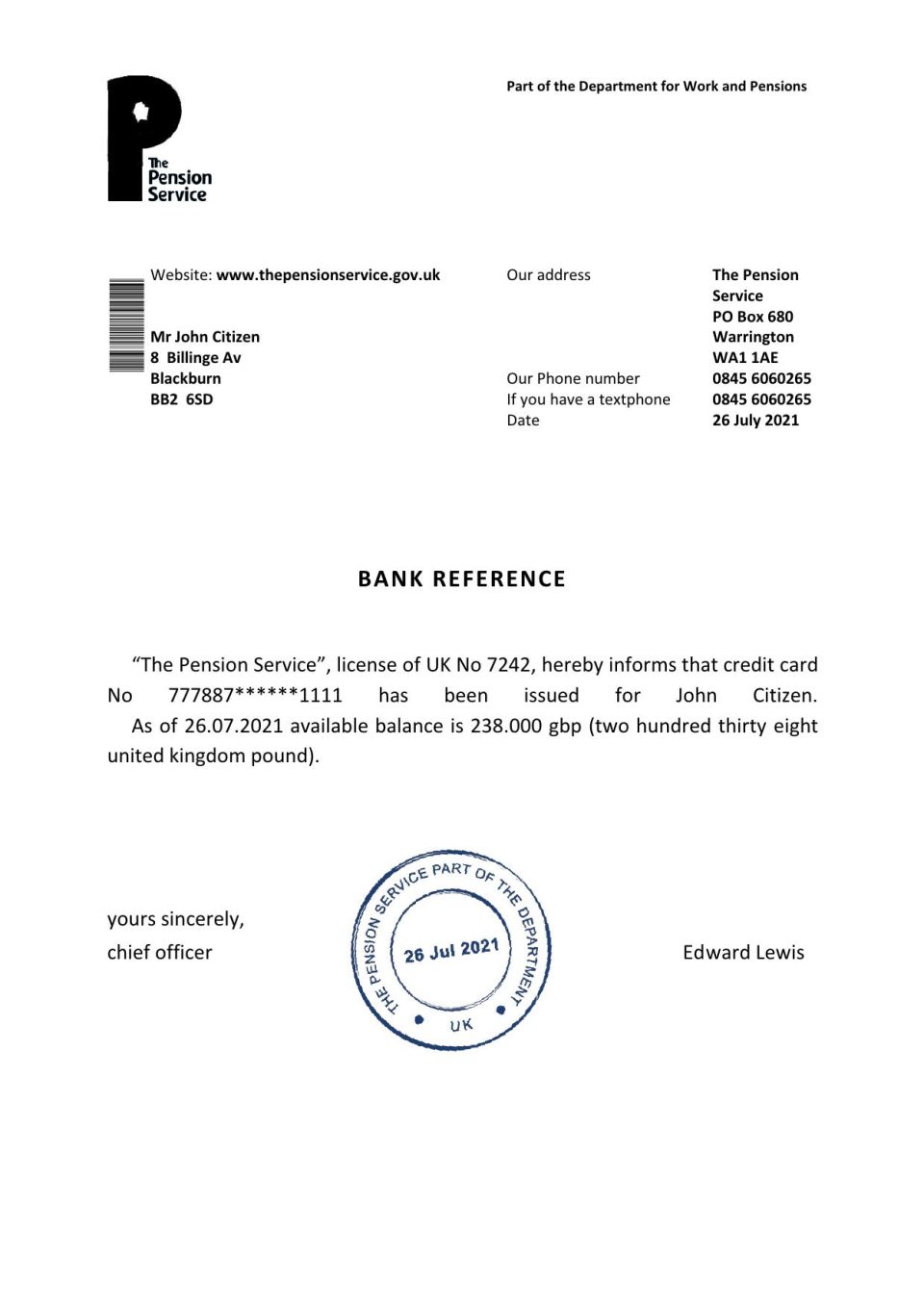 Download United Kingdom The Pension Service Bank Reference Letter Templates | Editable Word