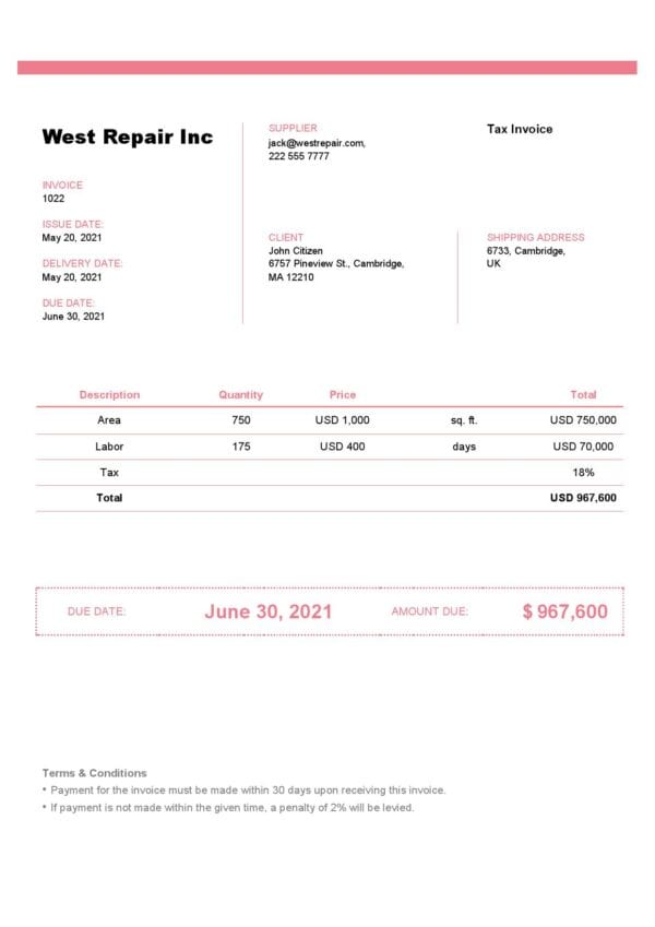 High-Quality United Kingdom West Repair Inc Invoice Template PDF | Fully Editable