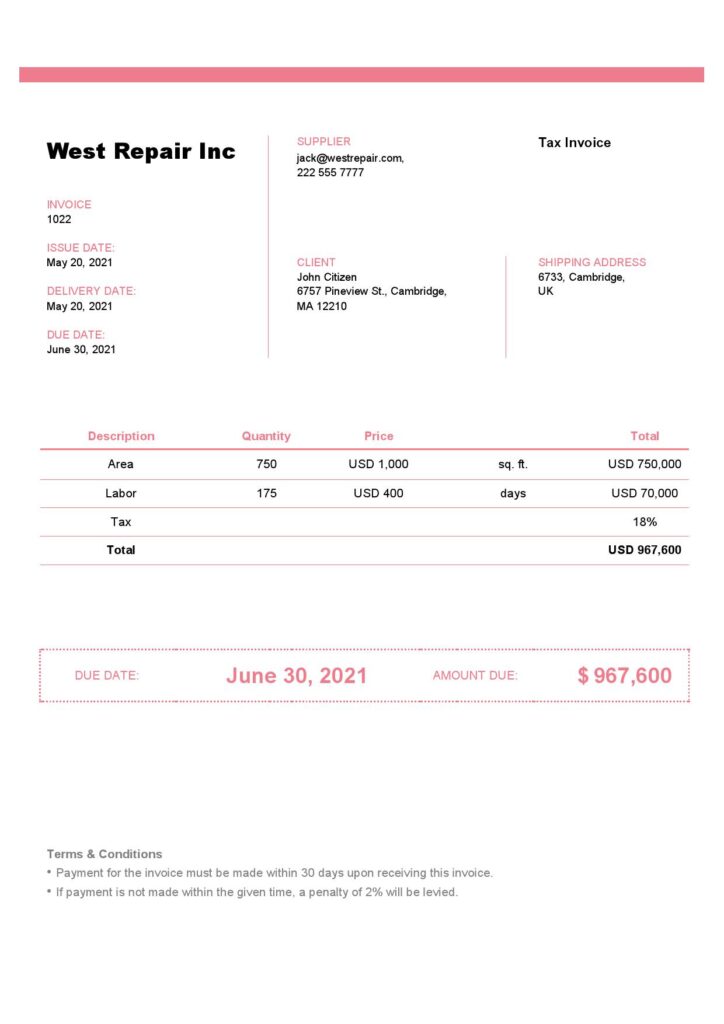 United Kingdom West Repair Inc invoice template in Word and PDF format, fully editable