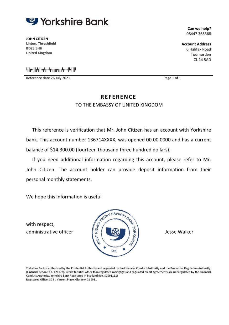 Download United Kingdom Yorkshire Bank Reference Letter Templates | Editable Word