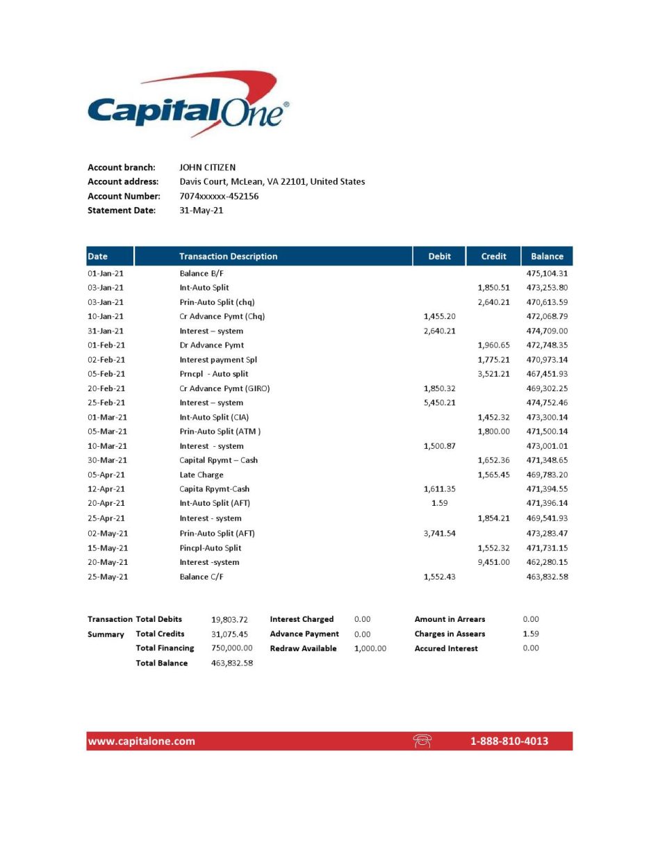 USA Capital One bank statement easy to fill template in Excel and PDF format