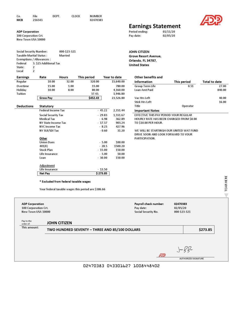 USA ADP Earnings statement template in Word and PDF format