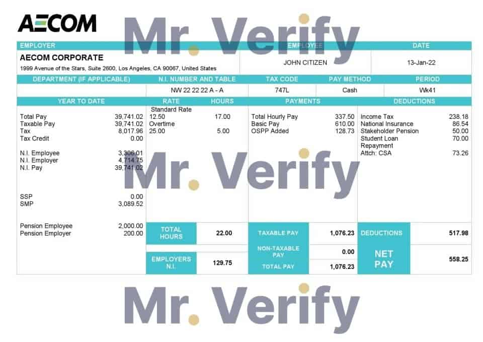 USA AECOM construction company pay stub Word and PDF template
