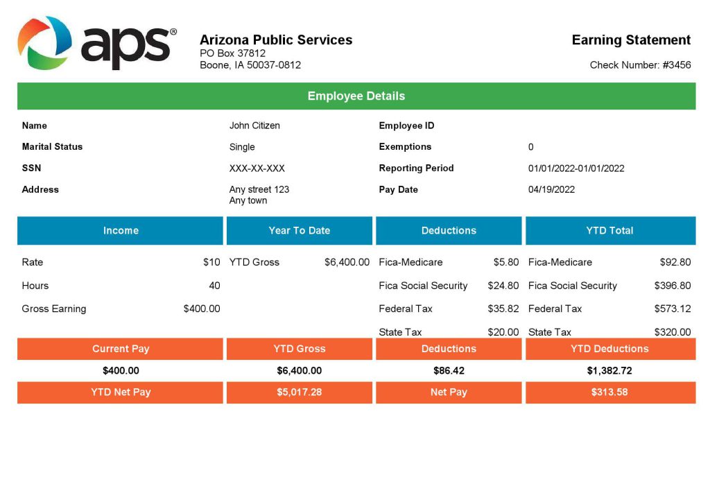 USA APS public services company pay stub Word and PDF template