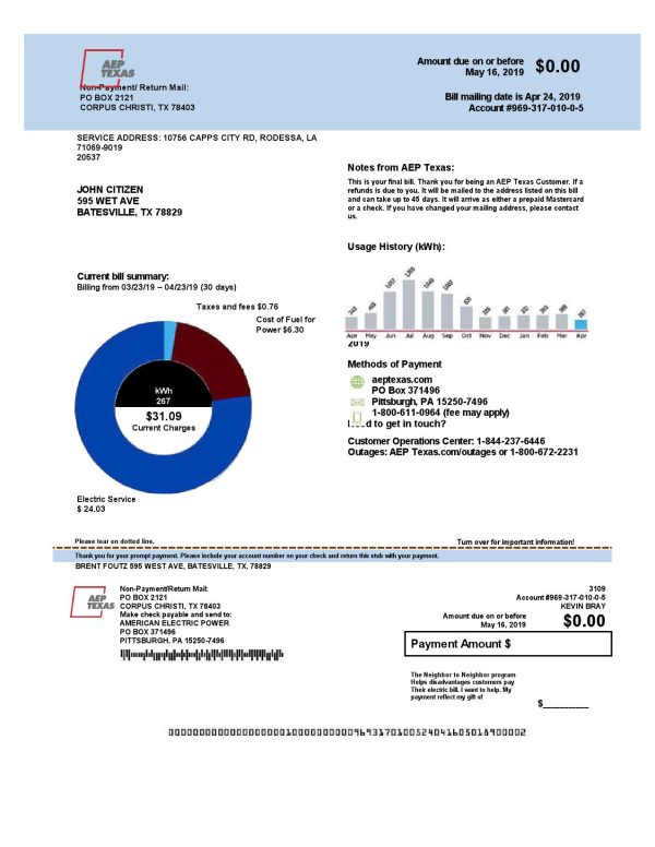 USA AEP Texas electricity utility bill template in Word and PDF format