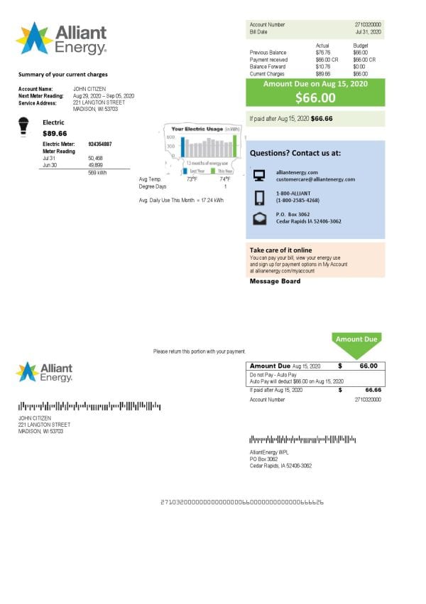 USA Wisconsin Alliant Energy electricity utility bill template in Word and PDF format