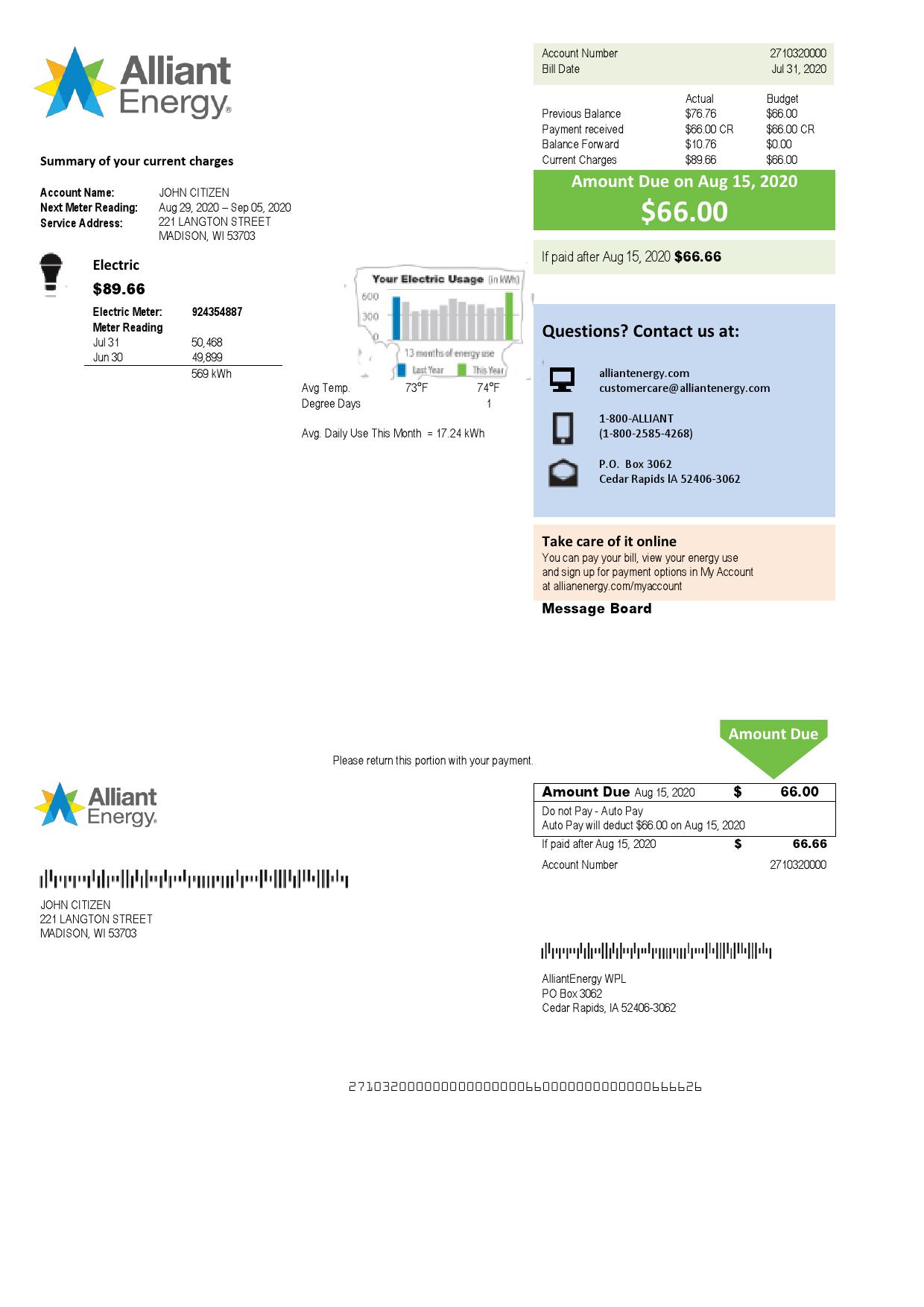 USA Wisconsin Alliant Energy electricity utility bill template in Word and PDF format