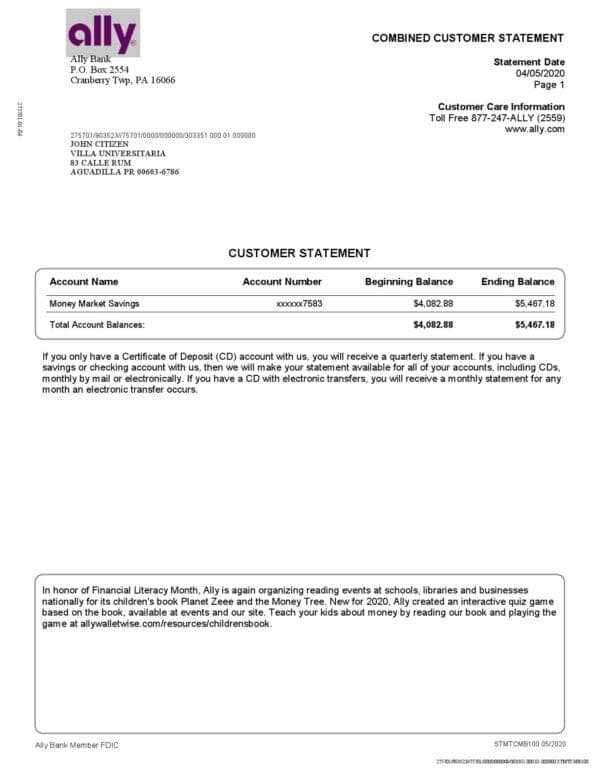 USA Ally Bank statement template in Word and PDF format (4 pages)
