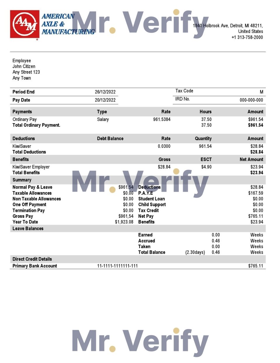 USA American Axle manufacturing company pay stub Word and PDF template