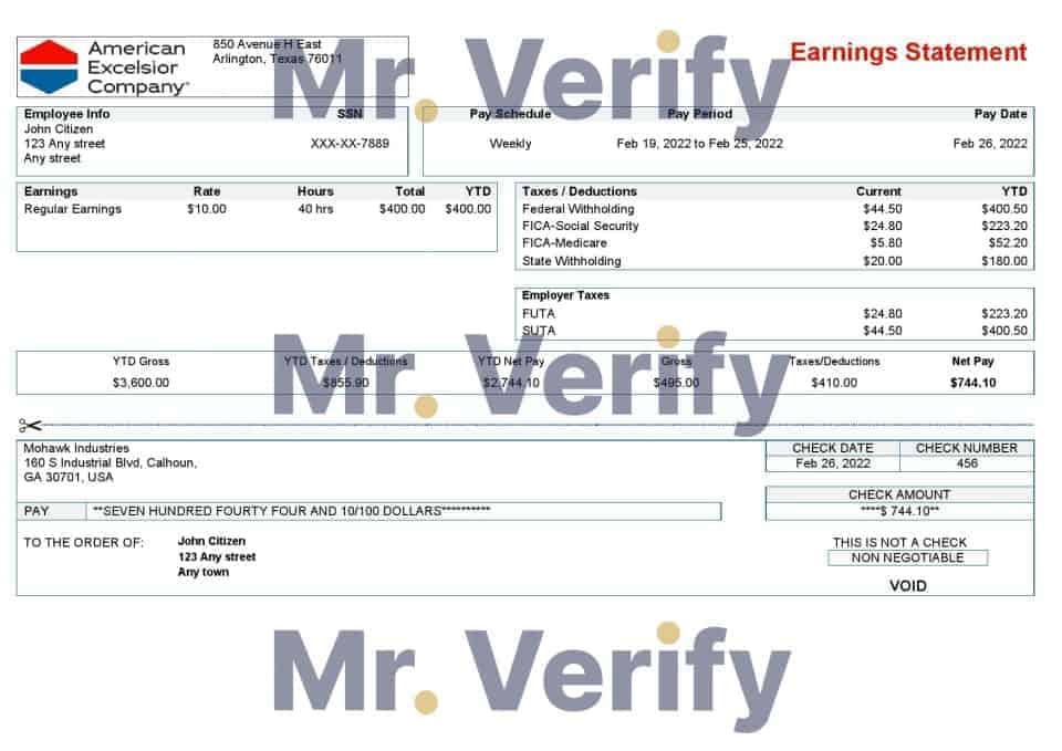 USA American Excelsior distribution company pay stub Word and PDF template