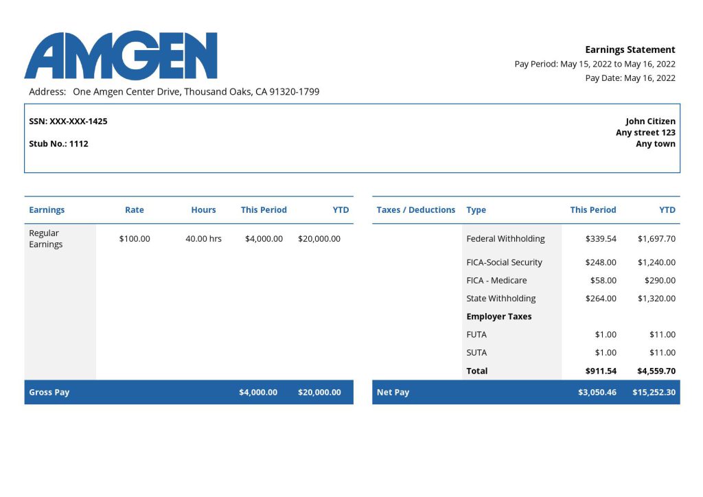 USA Amgen biotechnology company pay stub Word and PDF template