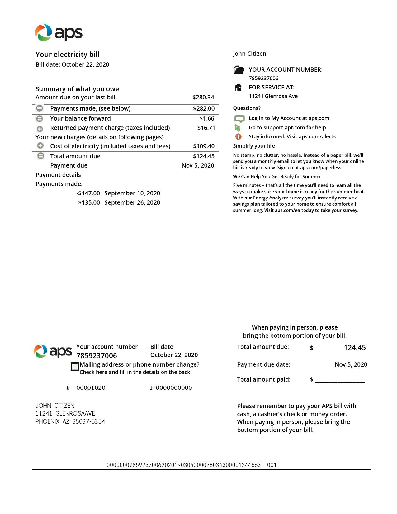USA Arizona APS electricity proof of address utility bill template in Word and PDF format