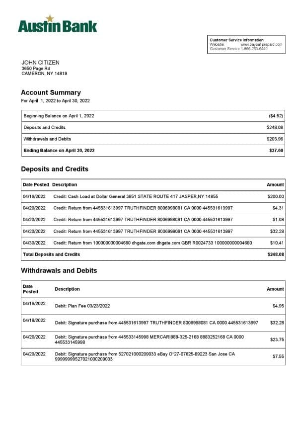 USA Austin bank statement, Word and PDF template, 2 pages