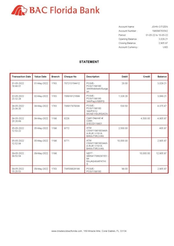 USA BAC Florida bank statement Word and PDF template