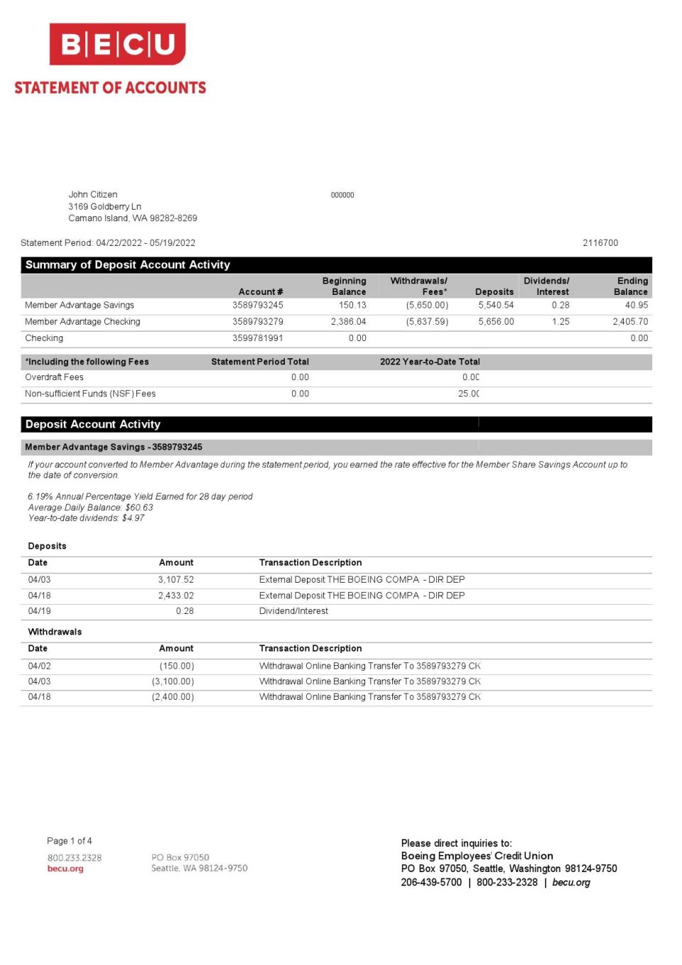 USA BECU bank statement, Word and PDF template, 4 pages