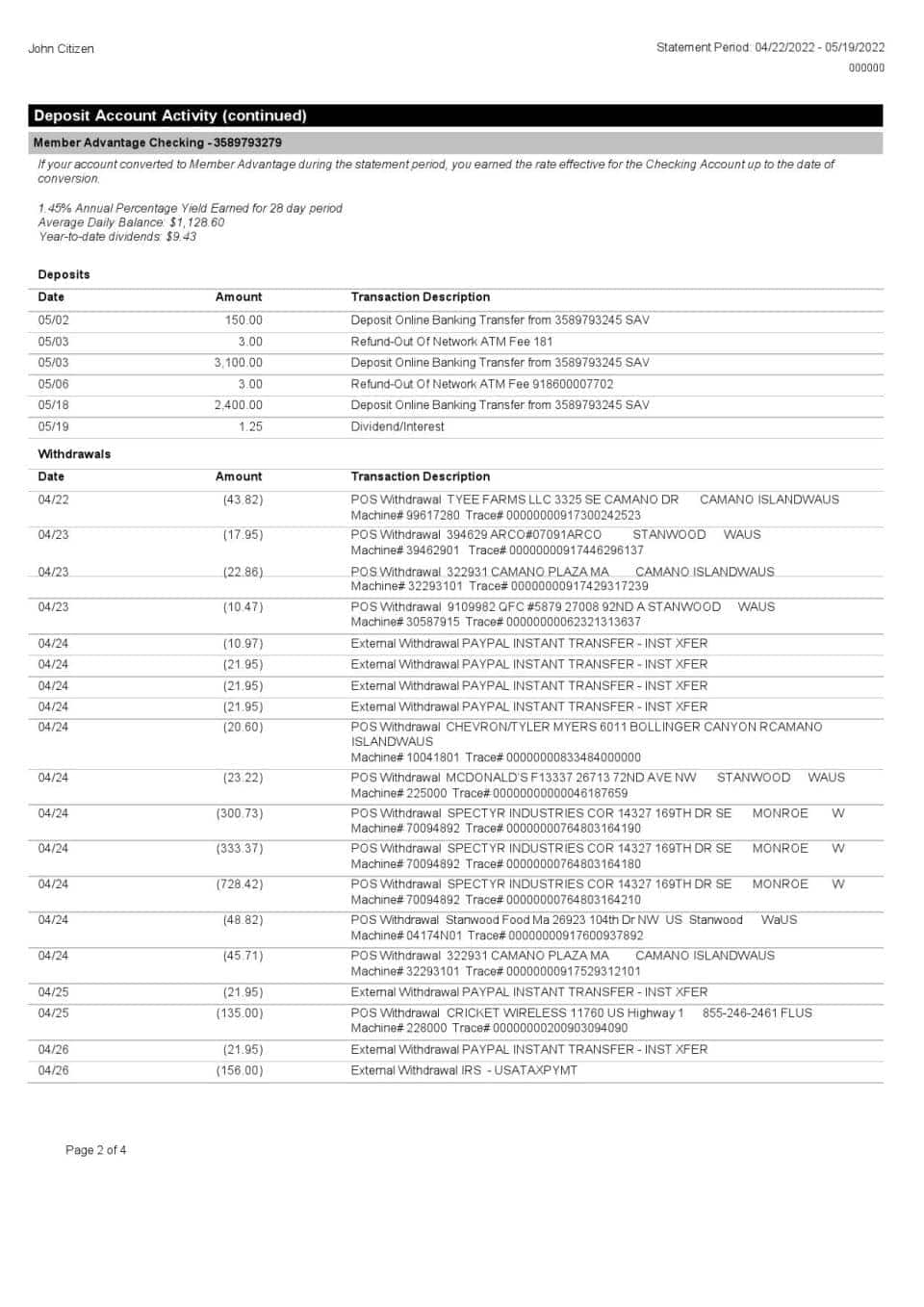 USA BECU bank statement, Word and PDF template, 4 pages